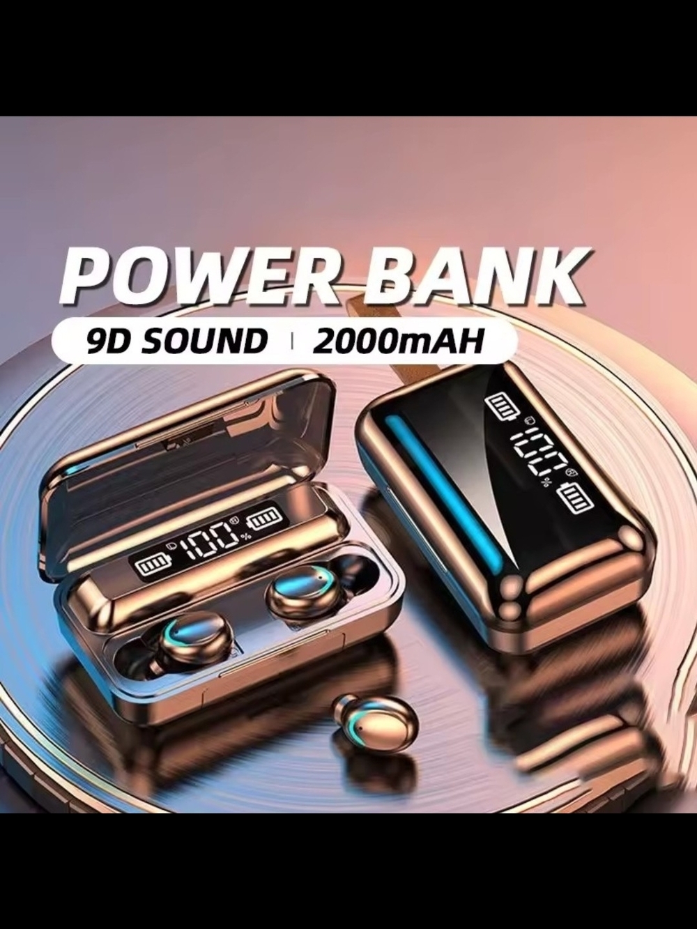 Wireless Earbud Headphones with 2000mAh Power Bank - Rose Gold